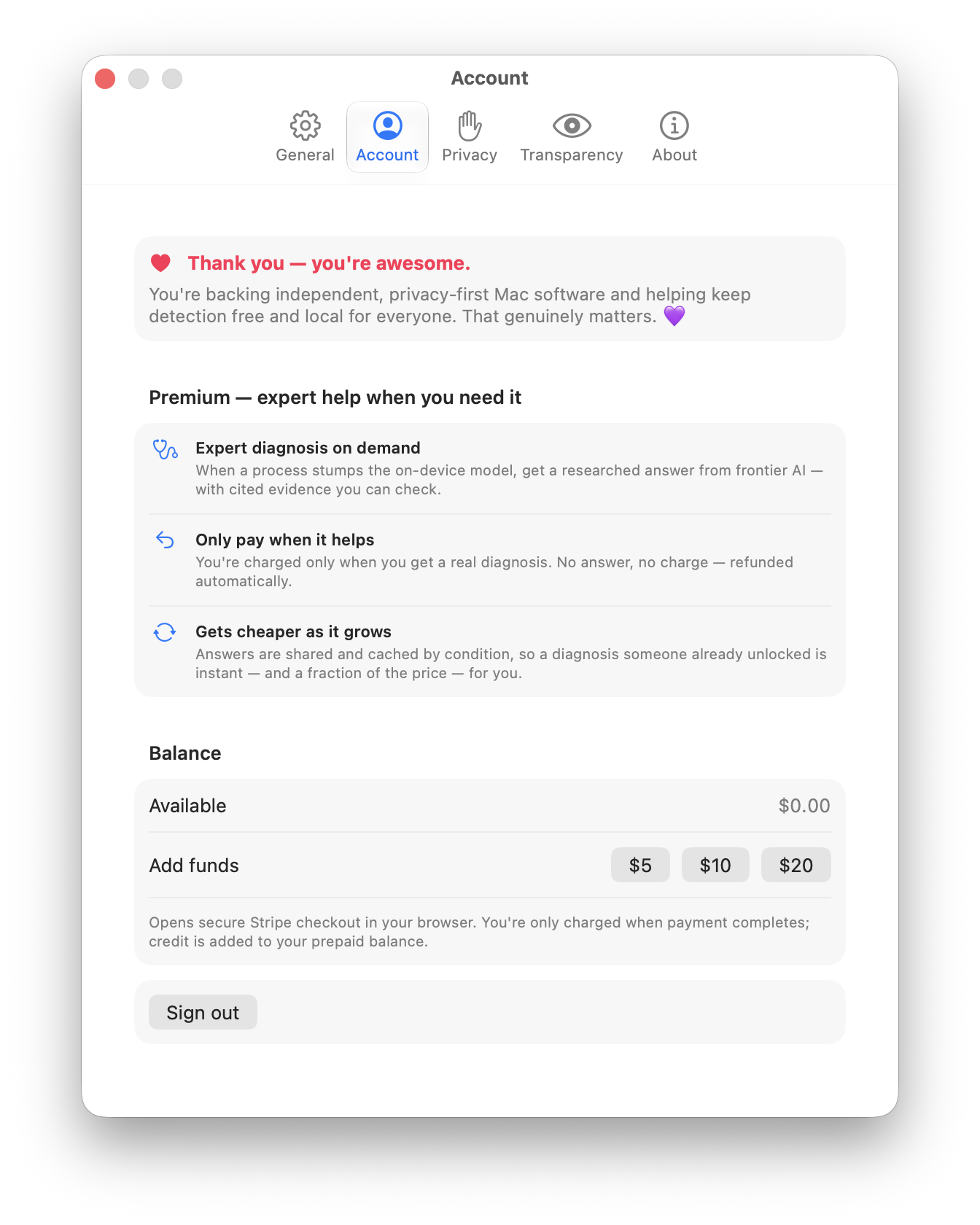 The Anomalous Account panel showing prepaid balance, add-funds buttons, and the pay-only-when-it-helps triage.