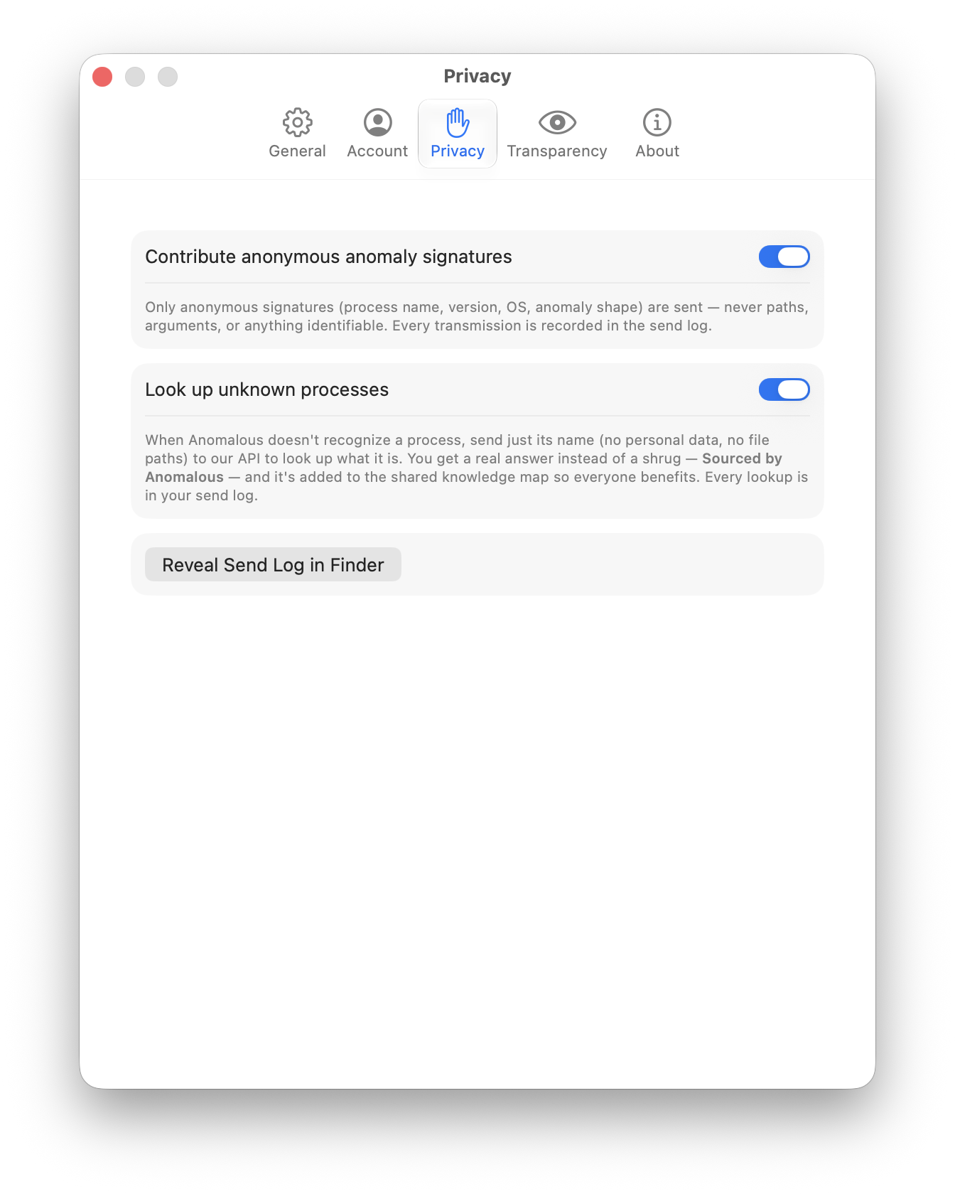 The Anomalous Privacy settings: two opt-in toggles for anonymous signatures and unknown-process lookup, plus a Reveal Send Log in Finder button.